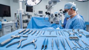 Sterile surgical instruments neatly arranged on a blue tray in an operating room, with a surgeon using a surgical microscope in the background.