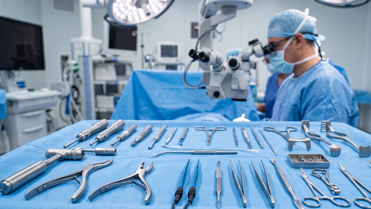 Sterile surgical instruments neatly arranged on a blue tray in an operating room, with a surgeon using a surgical microscope in the background.