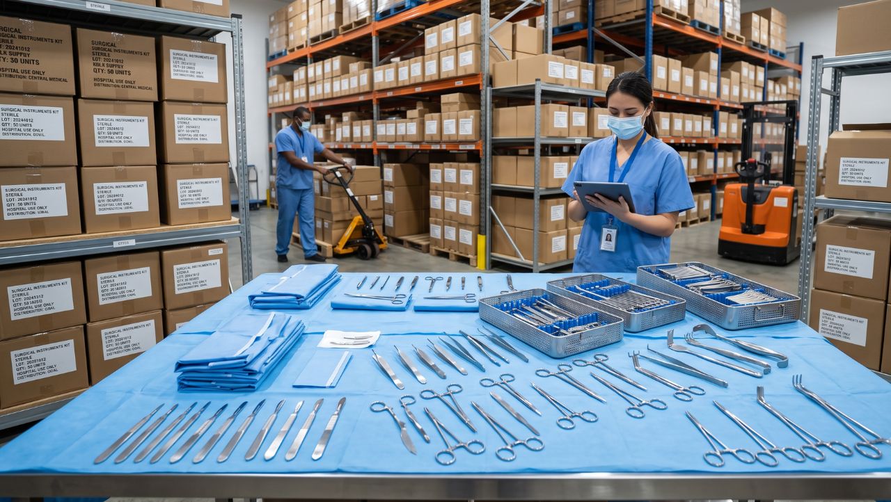 Healthcare worker inspecting surgical instruments in a medical warehouse.