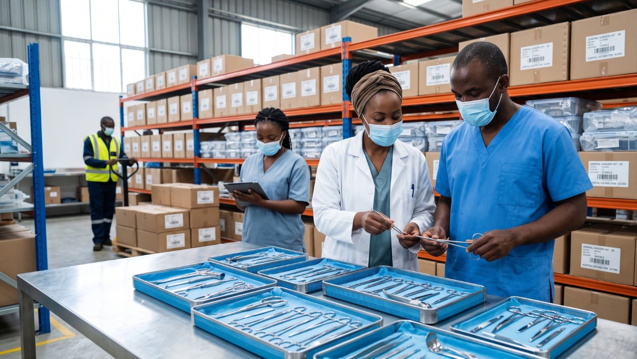 Medical staff inspecting surgical instruments in a warehouse.