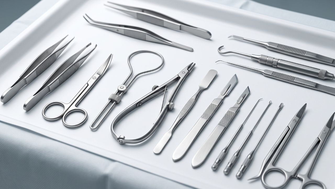 Ophthalmic surgical instruments on a sterile tray.