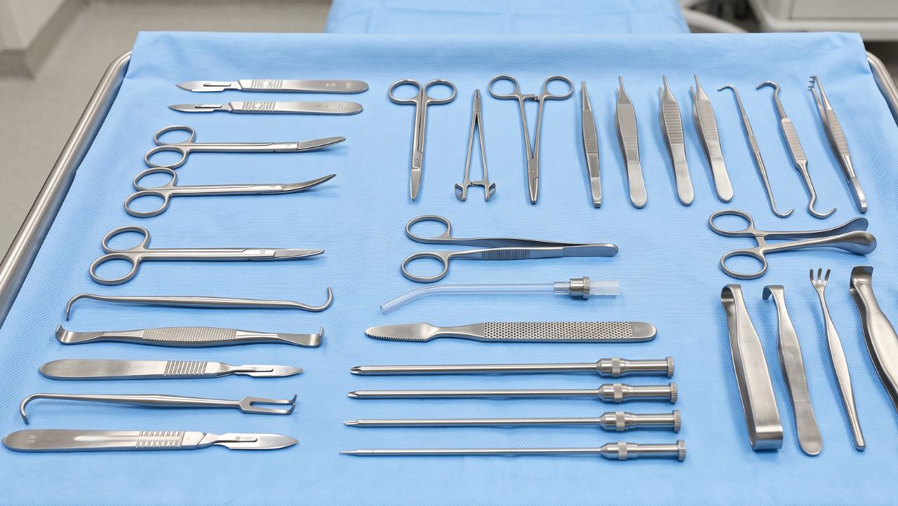 Surgical instruments on a sterile blue tray
