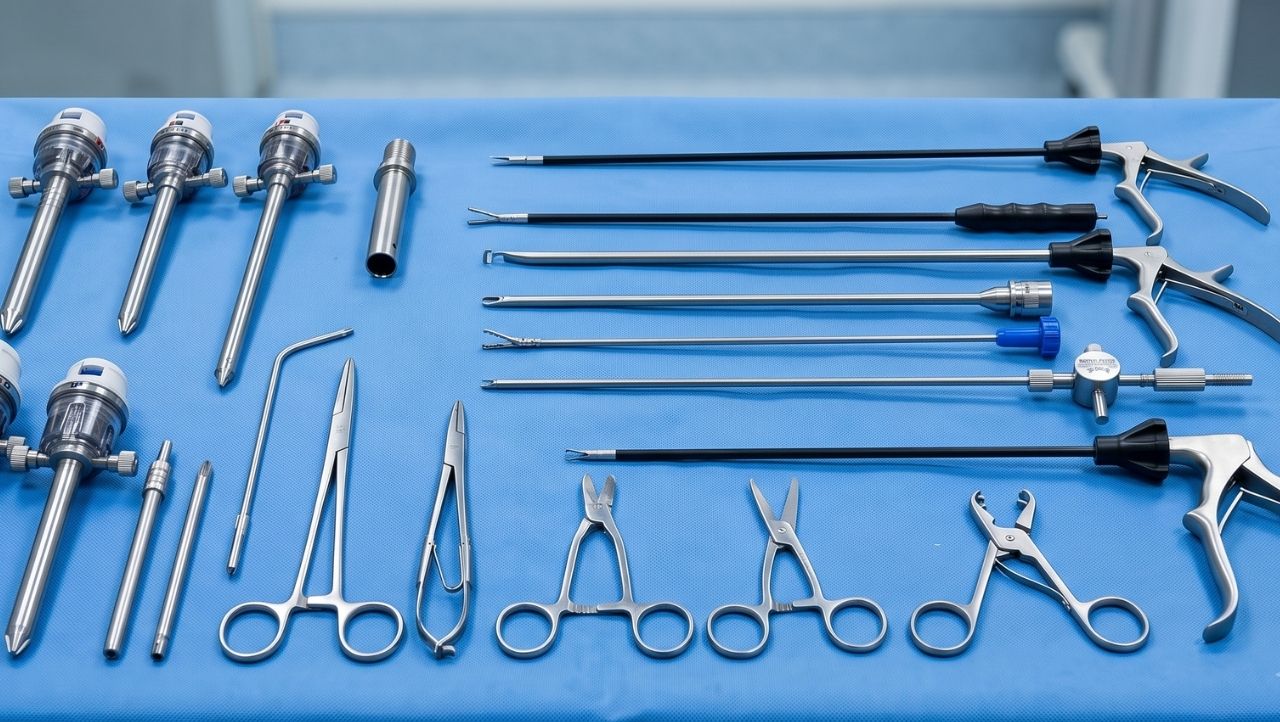 Laparoscopic surgical tools laid out on a blue tray.