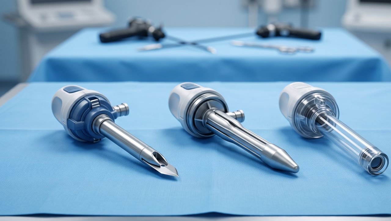 Surgical trocars and laparoscopic tools on a sterile tray