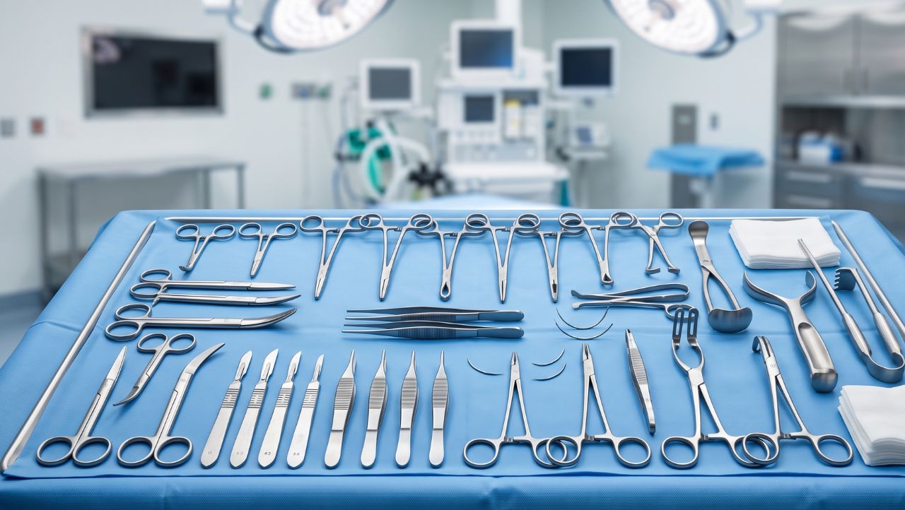 Sterile surgical instruments and scalpels laid out on a tray in an operating room.