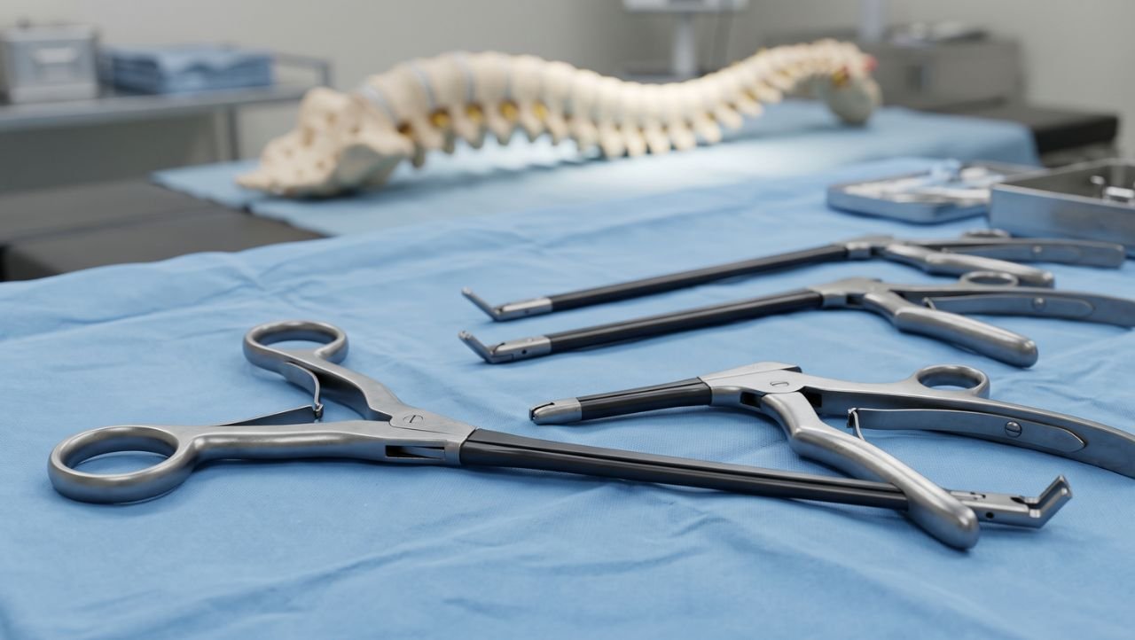 Spine surgery tools with anatomical model on table