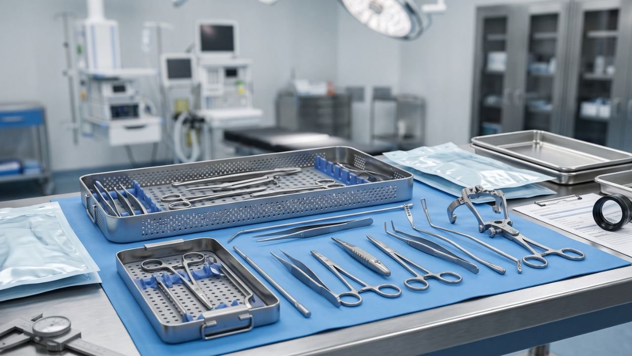 Sterile surgical instruments on an operating room table