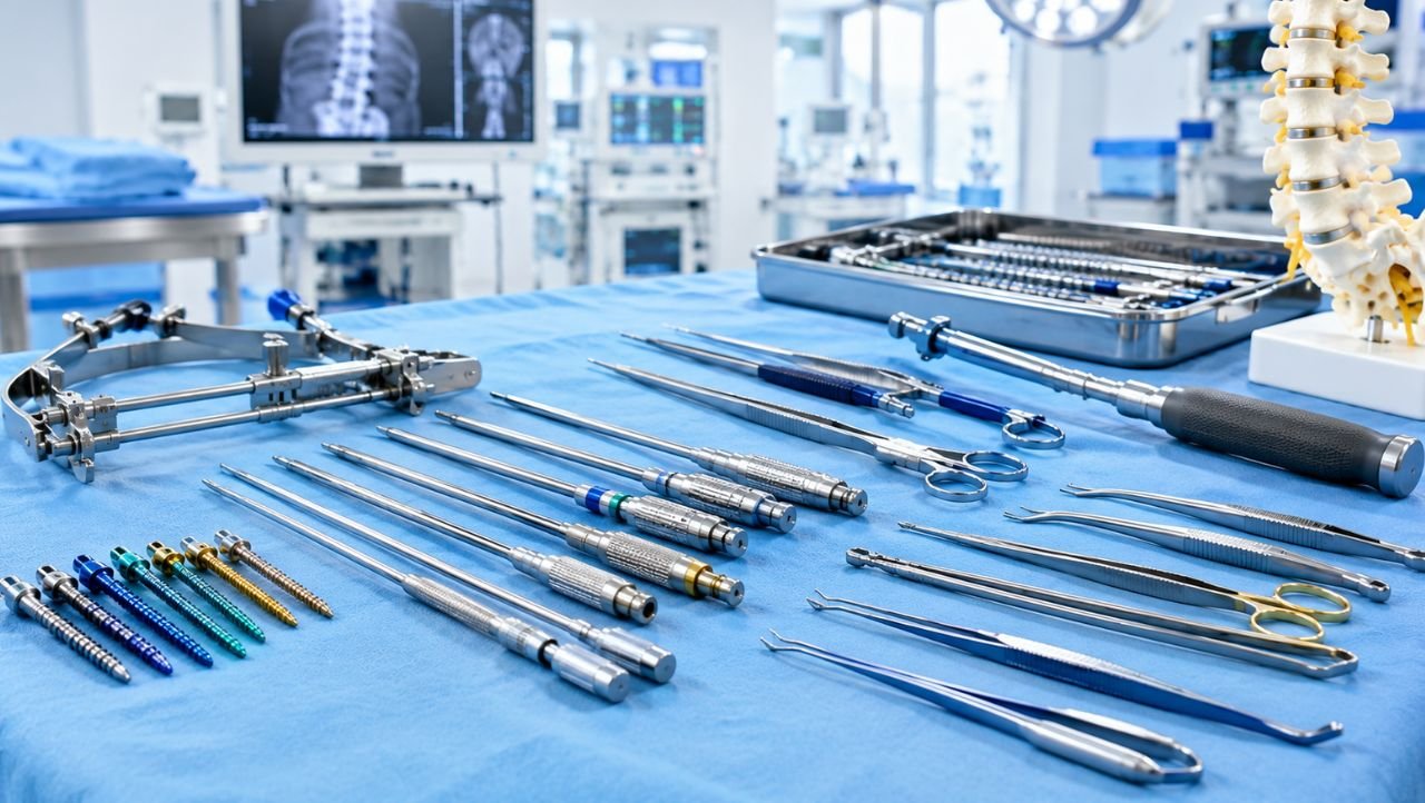 Spine surgery instruments and implants on an operating room table