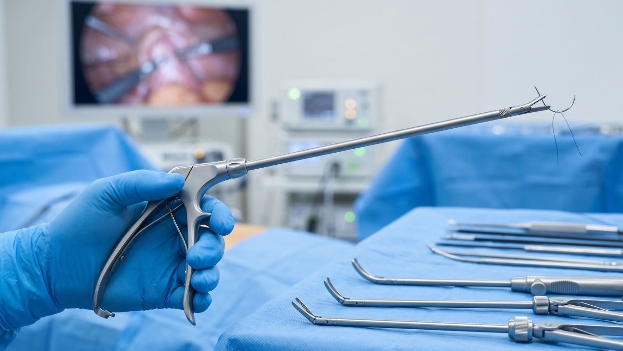 Laparoscopic needle holder with suture